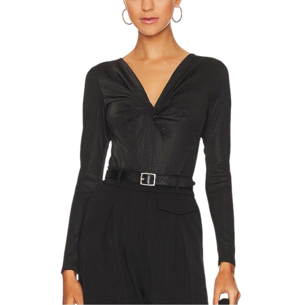 Astr The Label Reese Metallic Black Twist V-Neck Long Sleeve Bodysuit MEDIUM